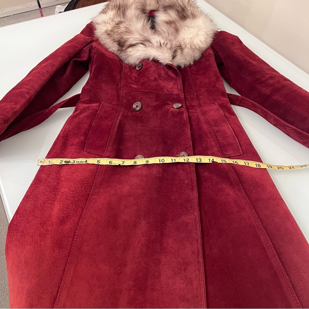 SIMPSONS Penny Lane Genuine Suede Leather Coat Real Fur Collar Belted Long Coat - Picture 13 of 16
